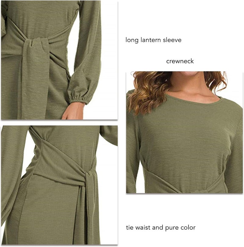 woobles Cocktail Dress, Tie Waist Stretchy Pure Color Long Lantern Sleeve Short Dress Crewneck Polyester for Dating XL - Image 3